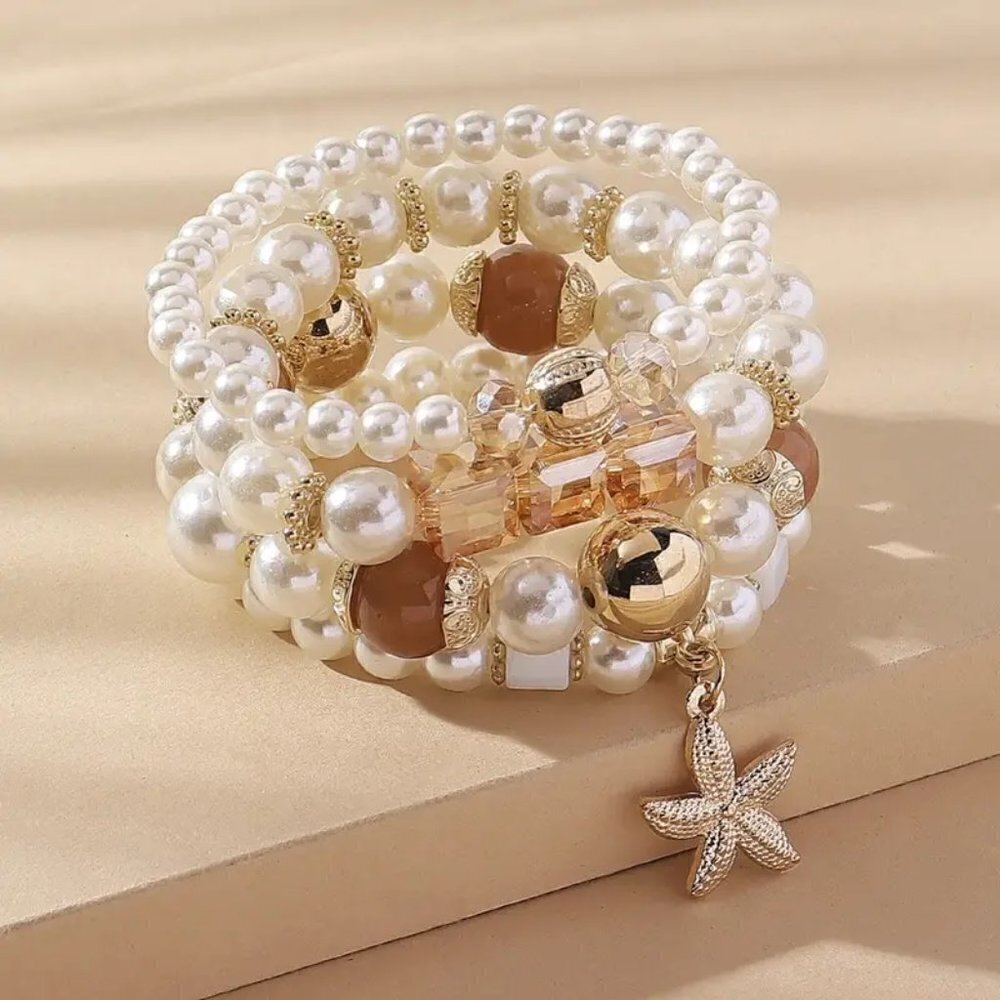 Chic White Pearl & Crystal Stretch Bracelets Nautical Beachy Vacation Jewelry - Picture 3 of 9